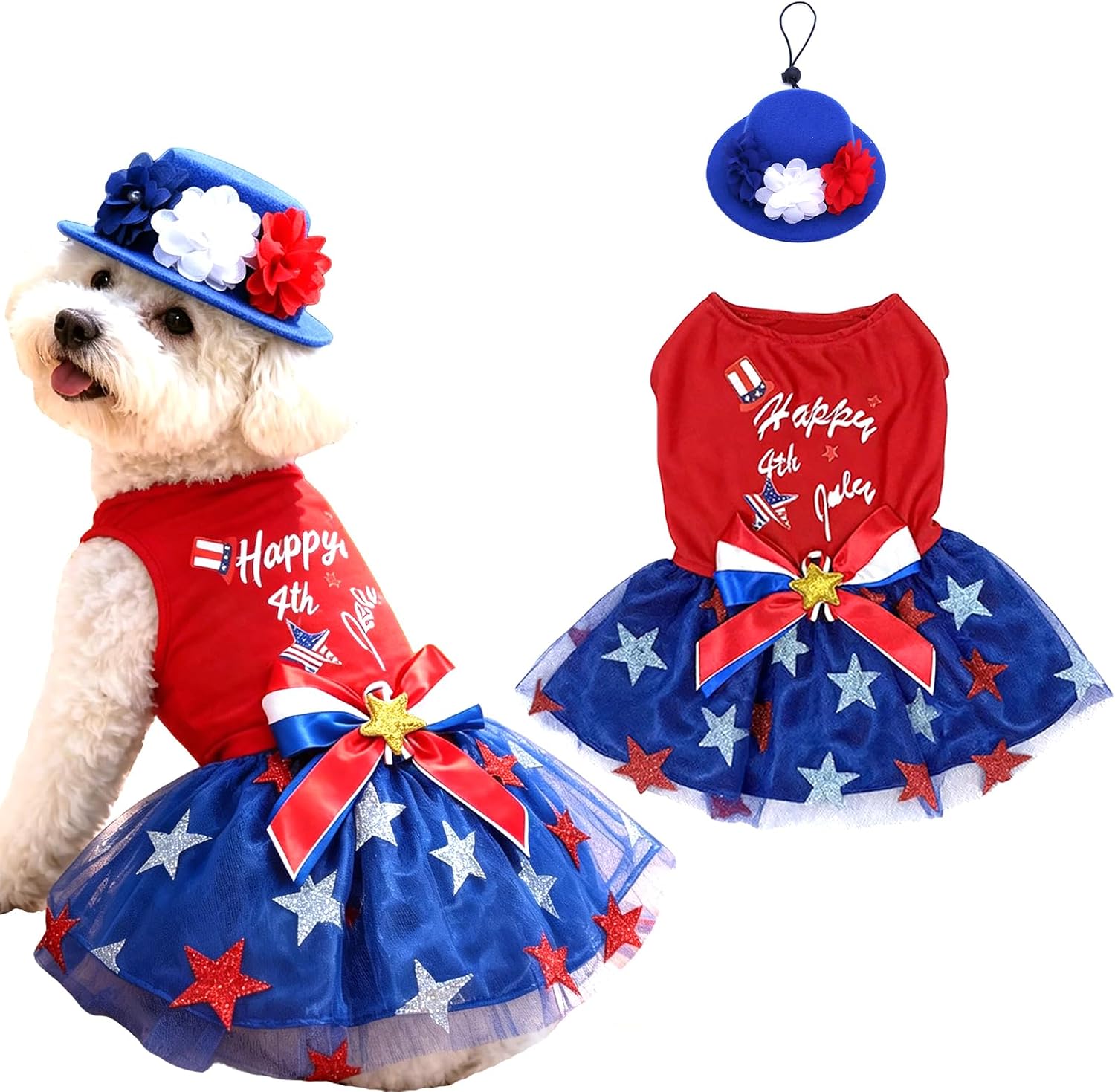 2Pcs 4th of July Dog Dress, Pet Breathable Mesh Tutu, Cat Patriotic Outfit with Bowknot Star, Puppy Flowers Hat for Independence Day Parade, USA Flag Day Costume for Cats and Dogs (Medium)