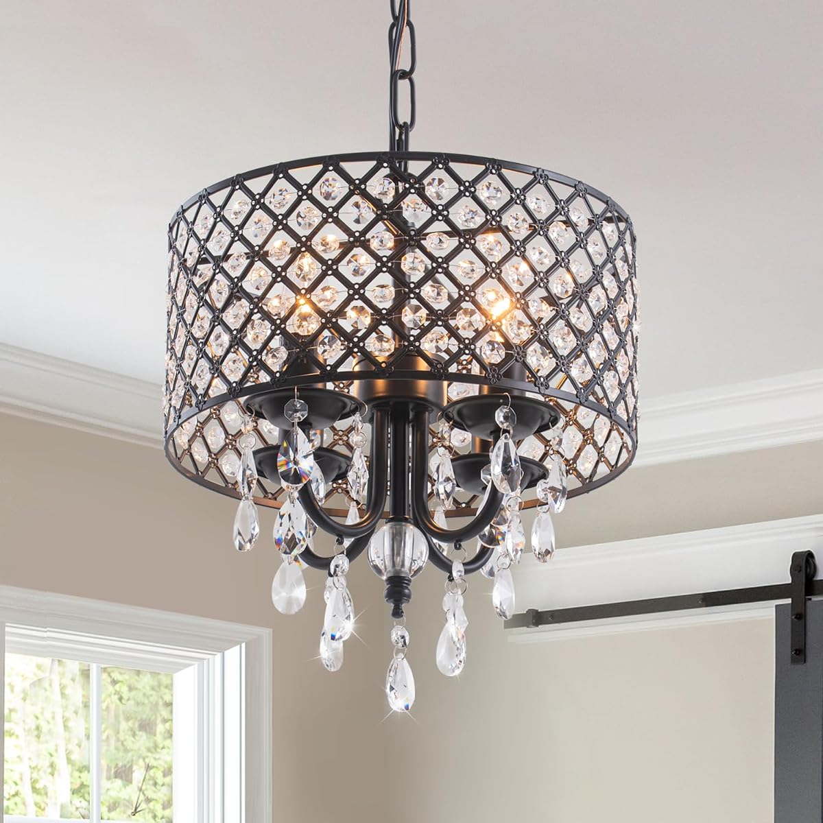 VILUXY Black Crystal Chandelier - Modern 4-Light Pendant Light Fixture for
