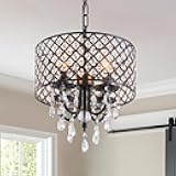 VILUXY Black Crystal Chandelier Modern Ceiling Pendant Light Fixture Drum Raindrop 4-Light Hanging Light for Bedroom Kitchen Island Dining Room Entry