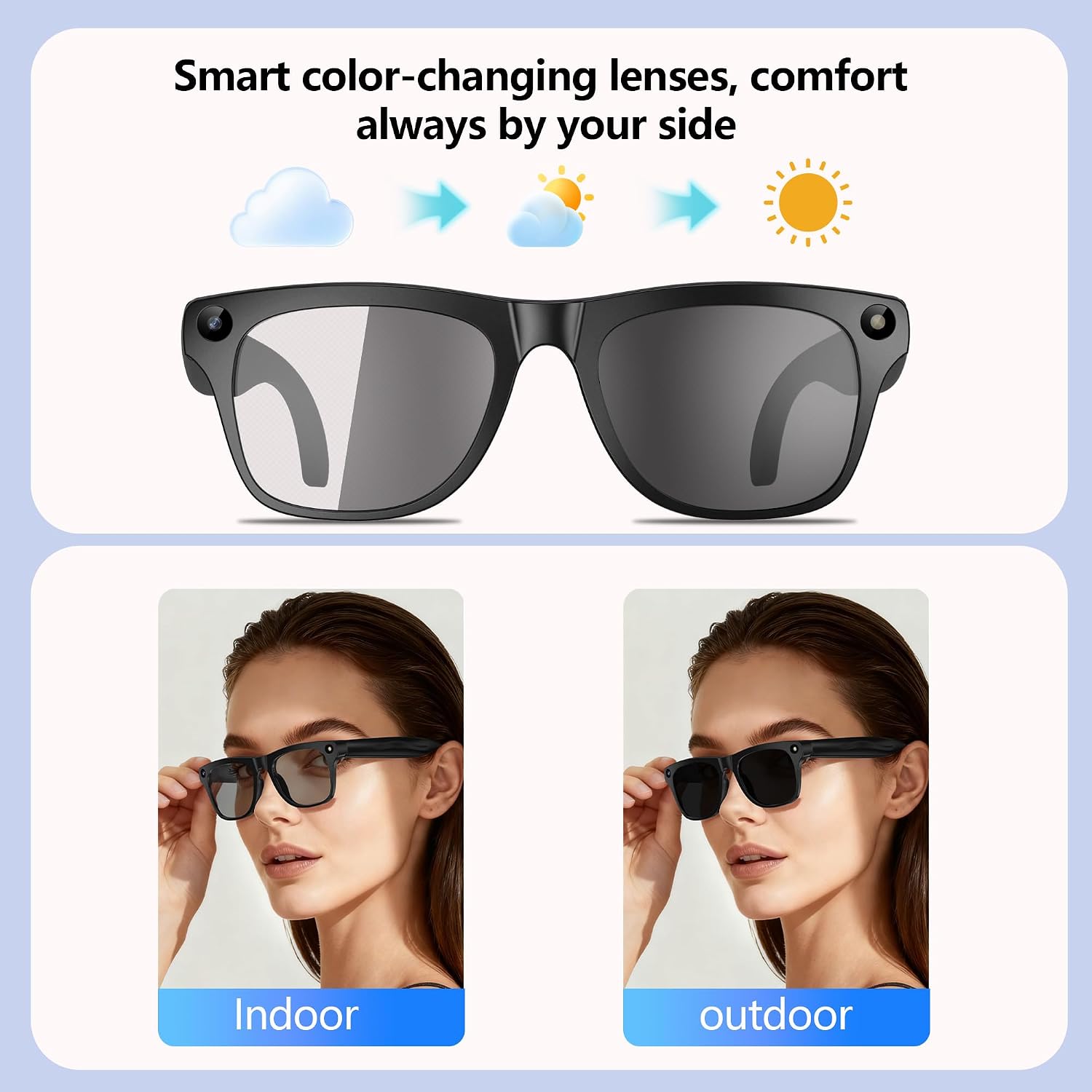 AI Smart Glasses with 2MP Camera, Color Changing Smart Sunglasses with Bluetooth Speaker, Recording glasses with LED Flashlight,Real-Time Translation,Camera Glasses for Men Women Ideal for Outdoor