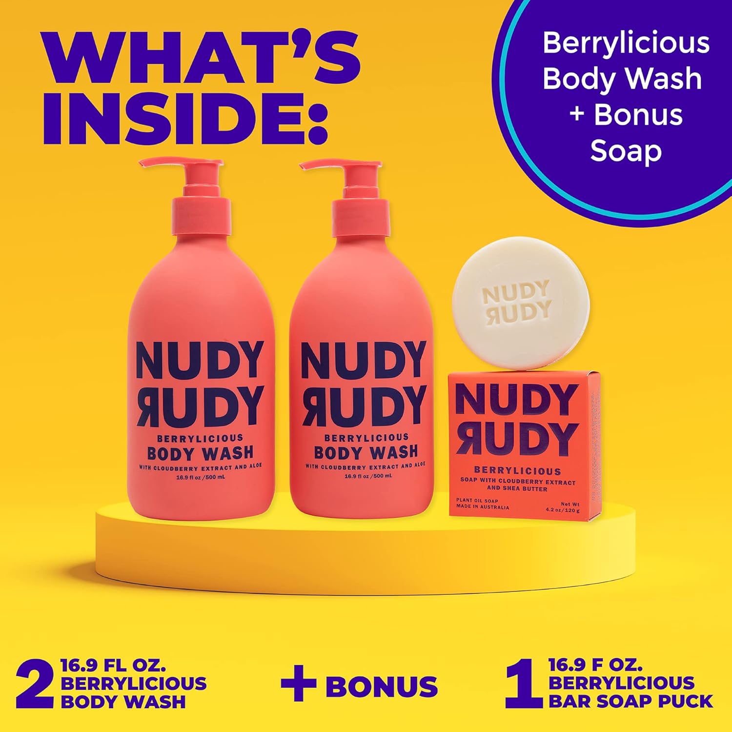 Nudy Rudy Berrylicious 2 Pack, Liquid Body Wash Bundle with Bonus Soap Bar, Aloe Vera and Vitamin E, Moisturizing Shower Gel, Body Wash and Bar Soap for Men and Women 16.9 fl oz and 4.2 oz