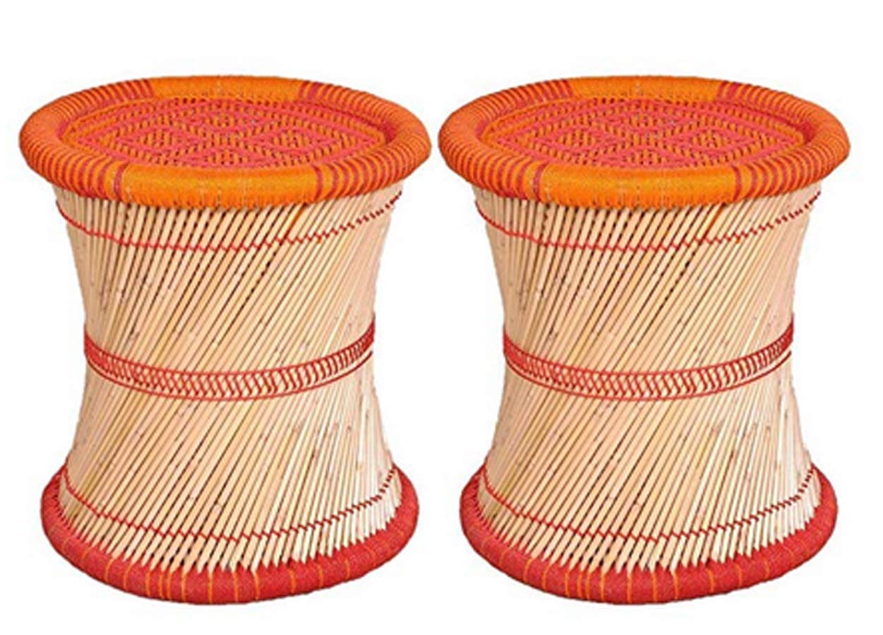 KSM Anupam Enterprises Eco Friendly Handicraft Cane Bar Bamboo Chair/Stool/Muddha/Mudda for Outdoor/Indoor/Furnishing/Color: Multicolored 2 Piece (14 inch Height)