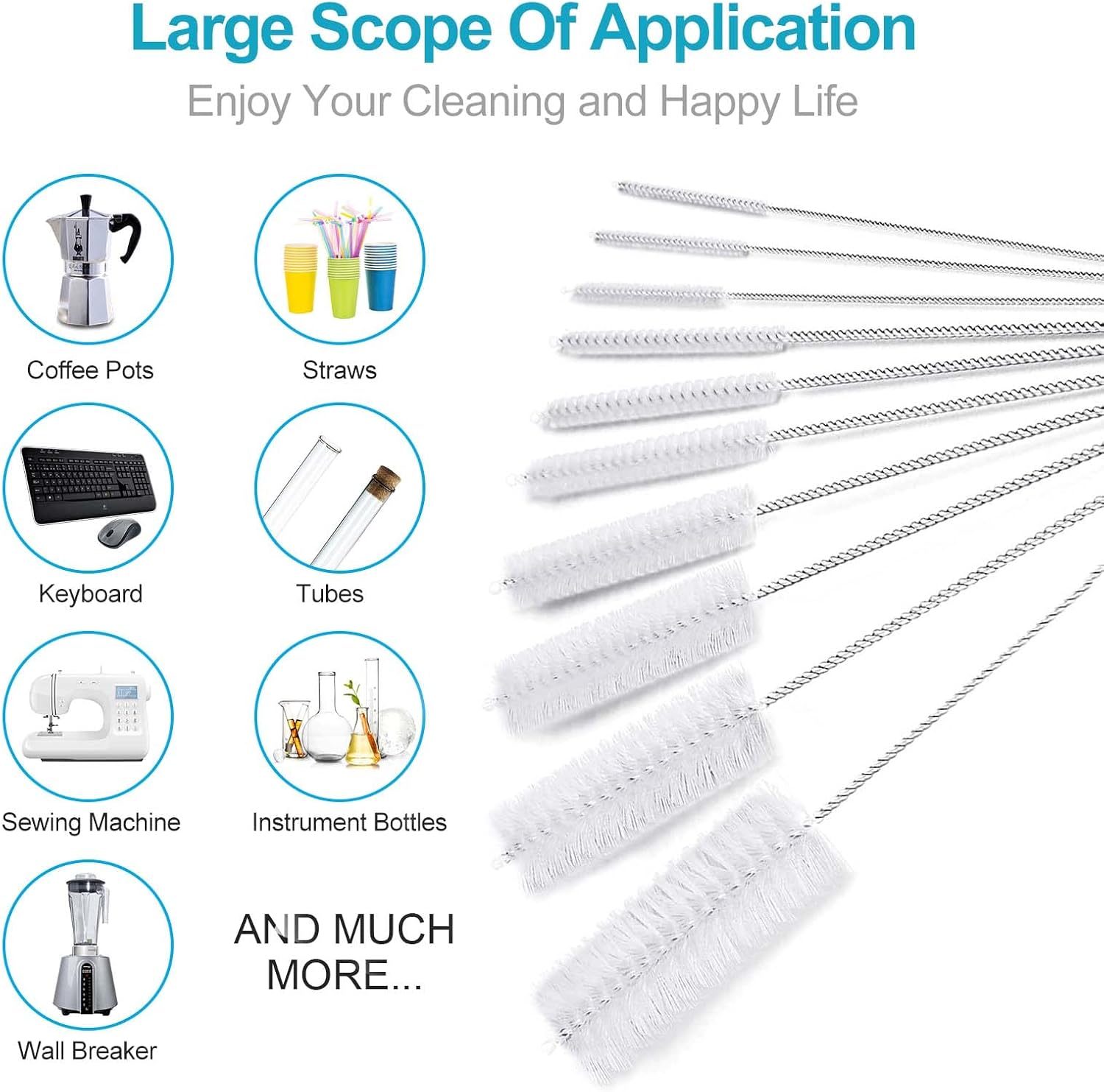 10 Inch Long Upgrade Straw Brush, Bottle Cleaning Brushes, Tube Cleaning Brushes Set Straw Cleaning Kit, 10 Different Diameters Metal Pipe Brush Cleaner, Set of 10pcs by Aorzov