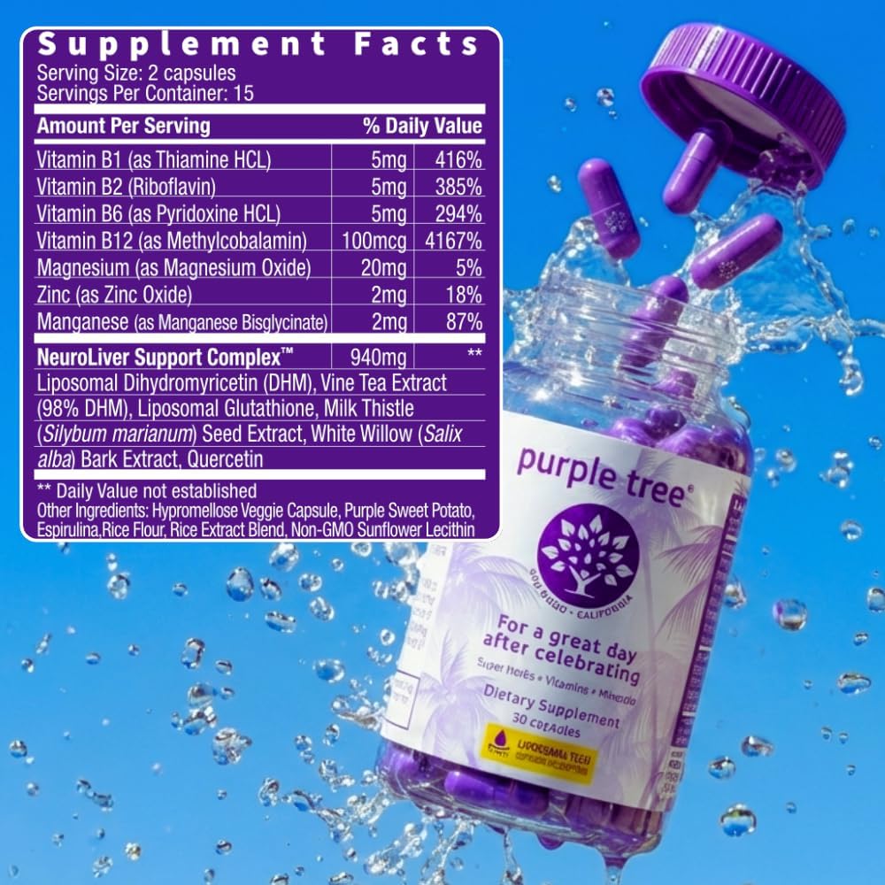 purple tree Post-Celebration Wellness Supplement for Liver Support & Hydration | Liposomal Dihydromyricetin (DHM), L-Glutathione, Milk Thistle, B Vitamins, Minerals, Willow Bark | 30 Pills - Image 7