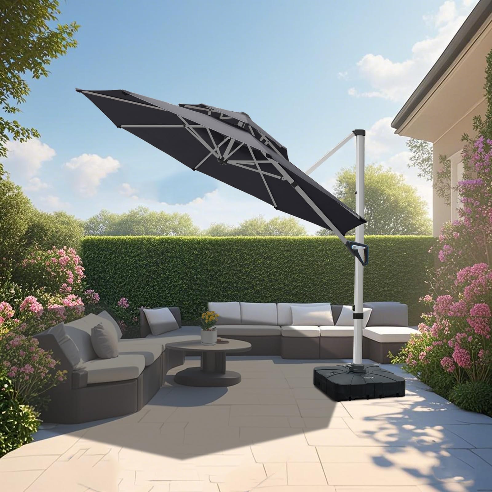 RANSENERS Ampelschirm 300 cm mit Schirmständer, Doppelter Baldachin, Drehbar 360°, Neigbar 0°-90°, Aluminium Rahmen, Extra-Dicker Gewebe, UV50+, für Garten, Terrasse, Cafe im Freien (Grau)