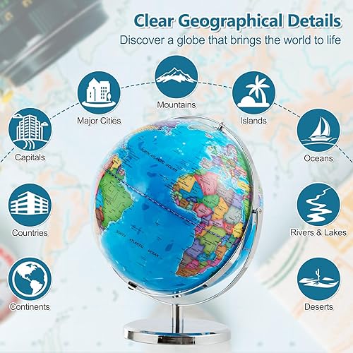 Miniatura 2 de Globo del mundo iluminado de 13 pulgadas con soporte, globo de escritorio con luz LED, mapa claro y rotación de 720, globos geográficos educativos
