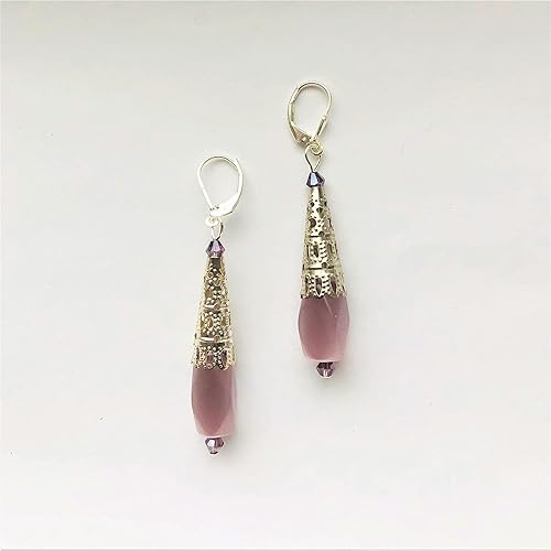 Miniatura 4 de Sterling Silver Leverback Long Fiber Glass Earrings for women Iridescent Lilac Beads Purple Crystals