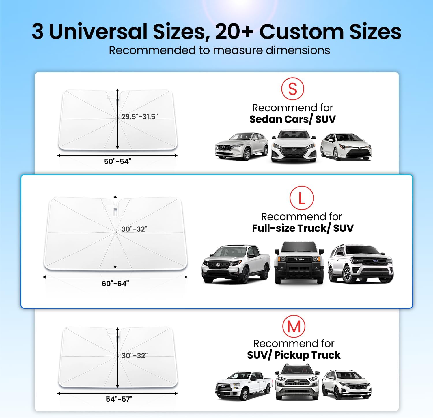 REEVAA 2026 Upgraded Windshield Sun Shade Umbrella [100% Sun Protection & Keep Cool] Protect Interior, 360° Flex Handle Sun Shield Sunshade for Pickup Truck & Full SUV, L(64" L x 32'' W)