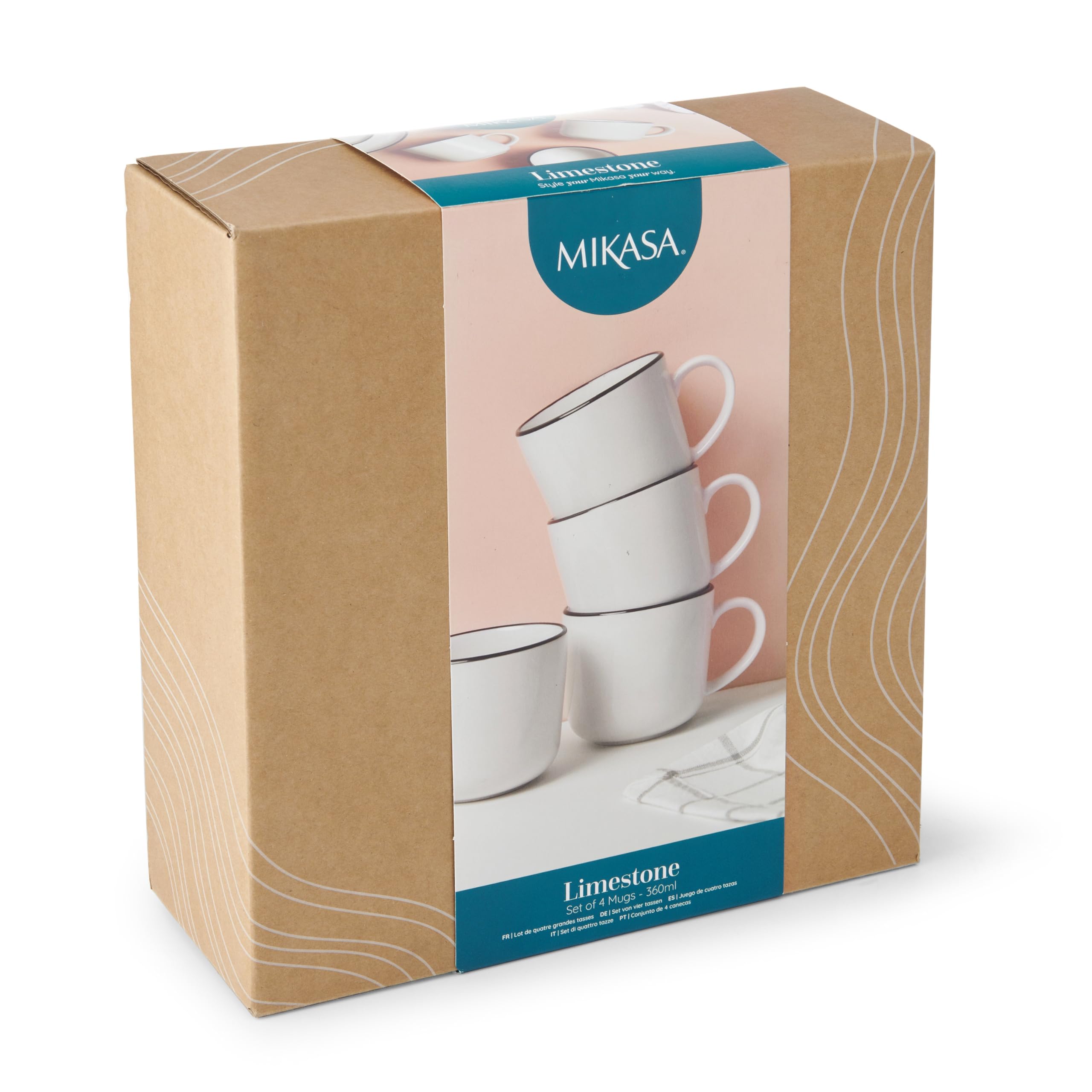 Mikasa Limestone Juego de Tazas de Porcelana, 4x Tazas de Porcelana con Borde Negro para Té y Café, 360ml| En Caja de Regalo y Aptas para Lavavajillas