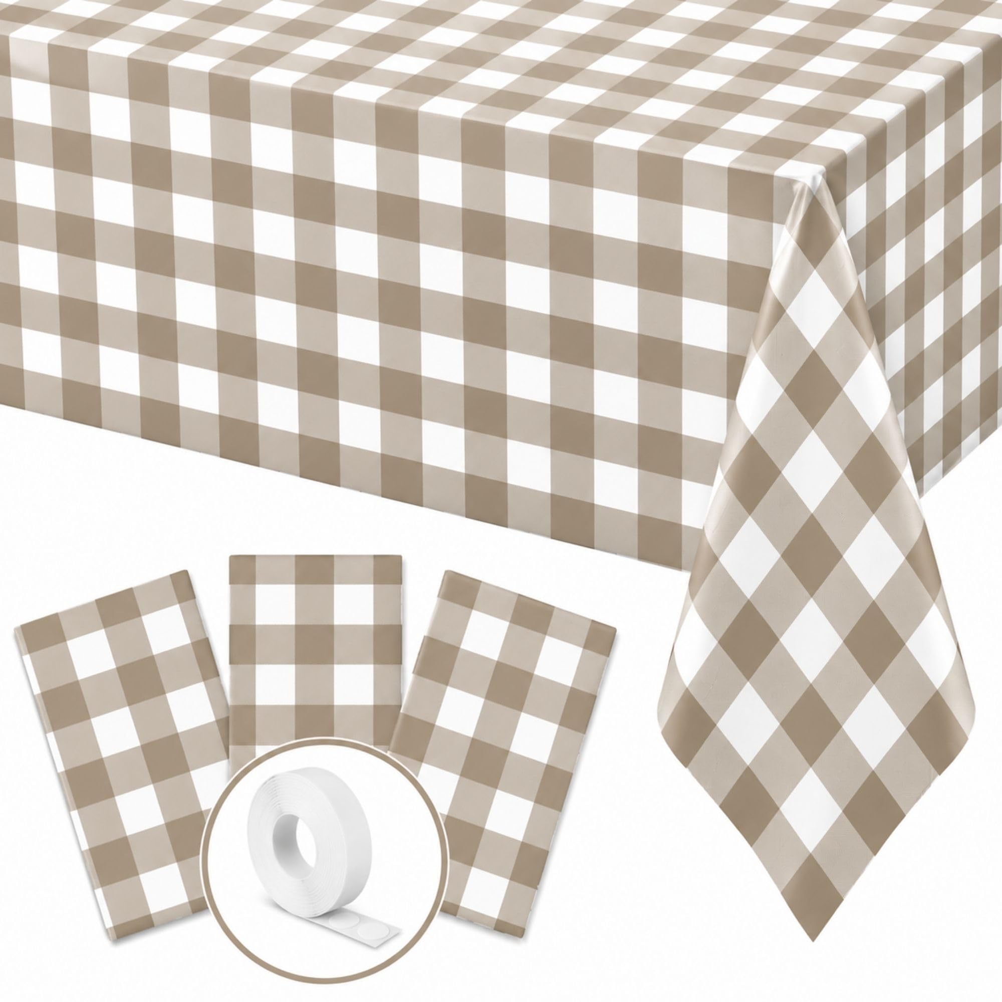 Blue Orchards Brown Gingham Table Cover (Pack of 3 with 20 Glue dots) - 54"x108" XL - Brown and White Buffalo Checkered Picnic Plastic Tablecloth, Camping Decoration, Outdoor Birthday Party Supplies