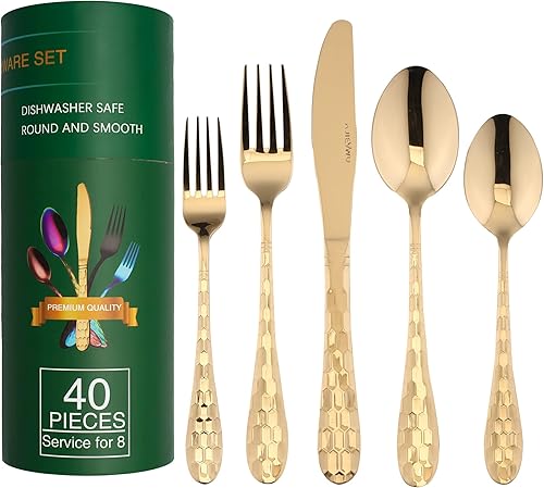 Miniatura 10 de Juego de cubiertos para 8 cubiertos de acero inoxidable de alta calidad, 40 piezas, incluye cuchillo mejorado, cuchara, tenedor, espejo pulido, apto