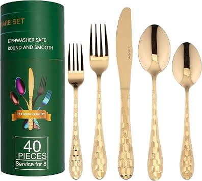 Gold Silverware Set for 8, 40-Piece Flatware Set Stainless Steel with Titanium Colorful Plated Cutlery Kitchen Utensil Flatware Set Service for 8, Knife/Fork/Spoon & Long Teaspoon/Salad Fork Gold
