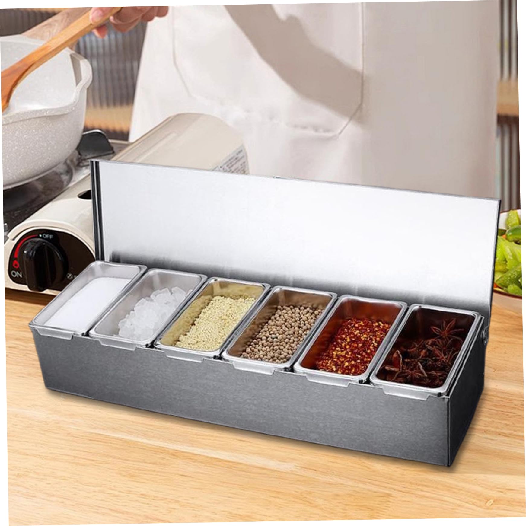 Stazione per topping per pizza 6x18x3, 5 Contenitori per condimenti a 6 scomparti con 6 cucchiai Scatola per spezie lavabile e staccabile per uso alimentare con coperchio per cucina, scatola per condi