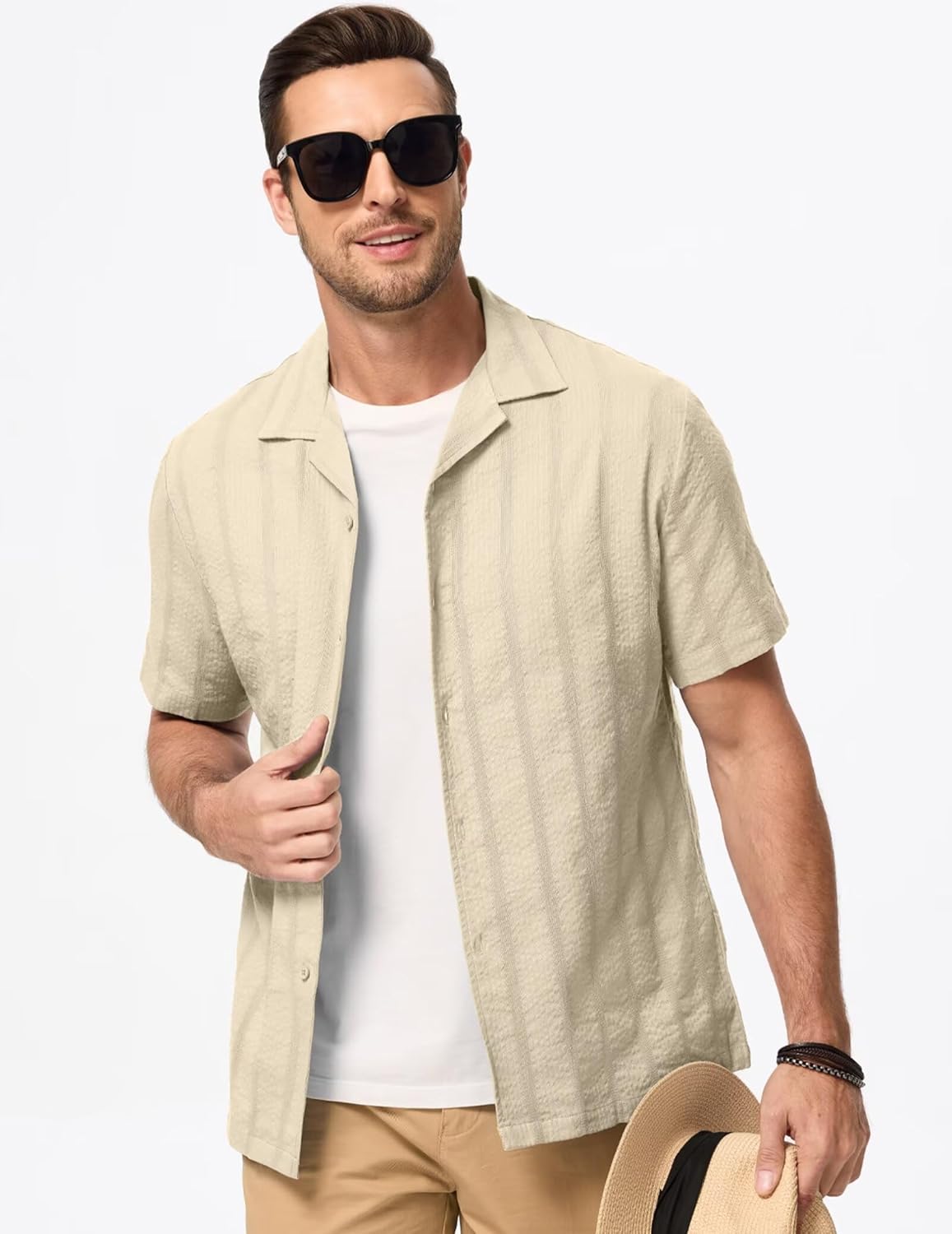 Mens Short Sleeve Button Down Shirts Casual Seersucker Textured Cotton Shirt Summer Vacation Beach Shirts - Image 3