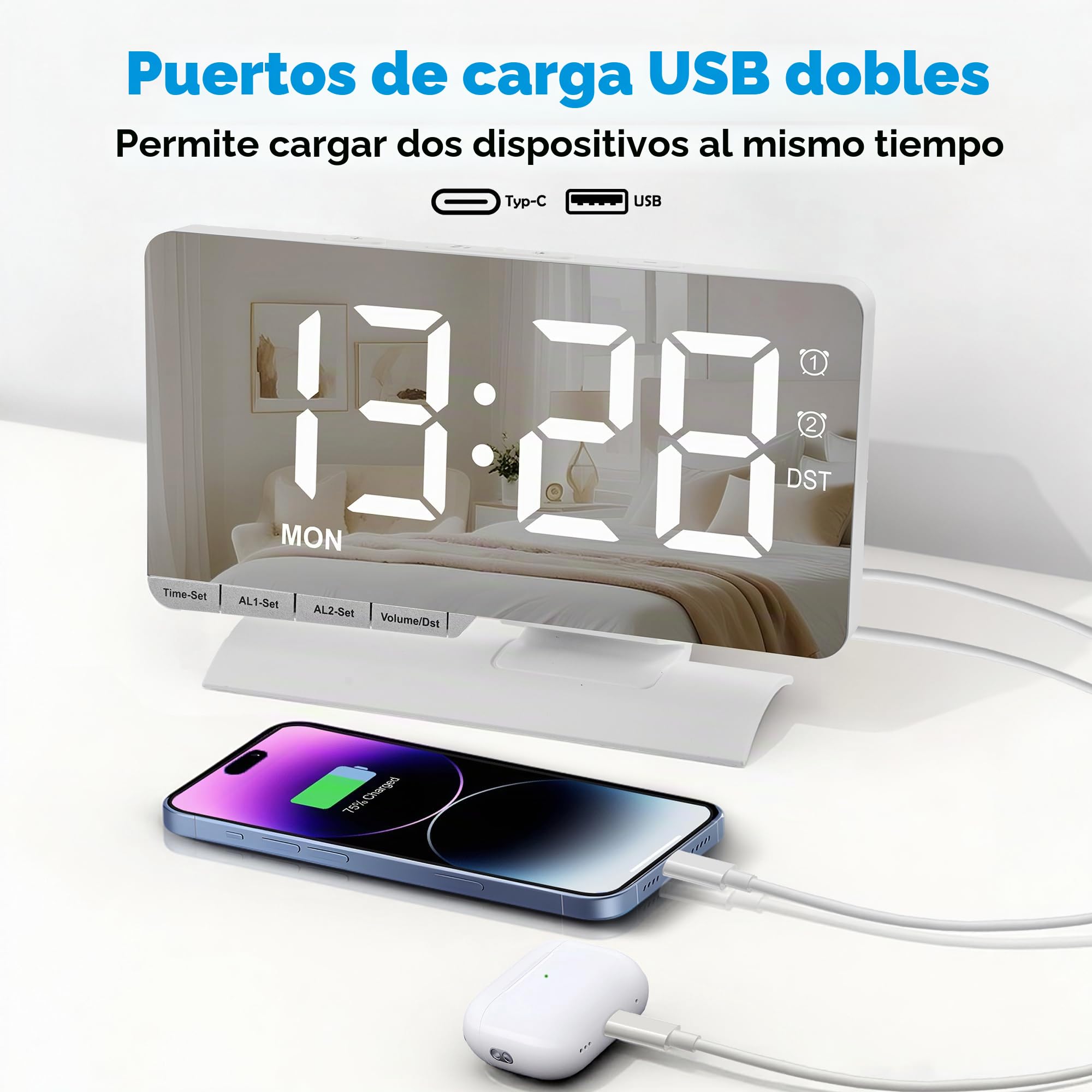 Sukeen Despertador Digital, Reloj LED Digital, Reloj de Mesa de 18,5 cm con Función de Repetición, Dos Horarios de Alarma, Indicador de Día de la Semana, 6 Niveles de Brillo, 5 Niveles de Volumen