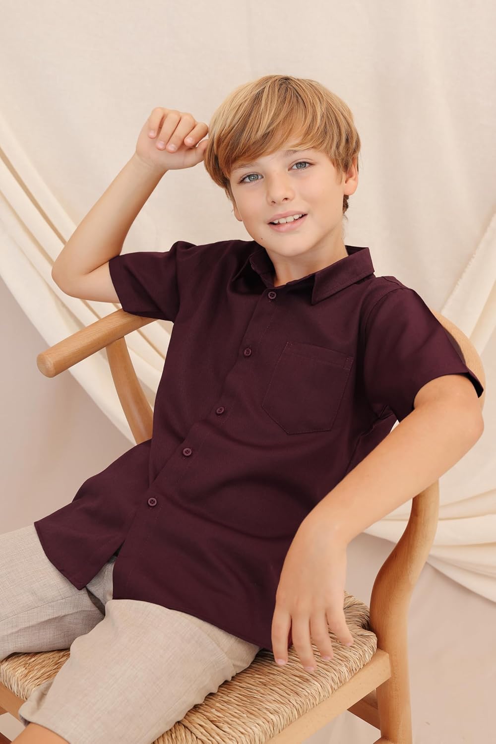 Lilax Boys' Button Down Shirt Solid Short Sleeve Classic Solid Oxford Dress Shirt - Image 2