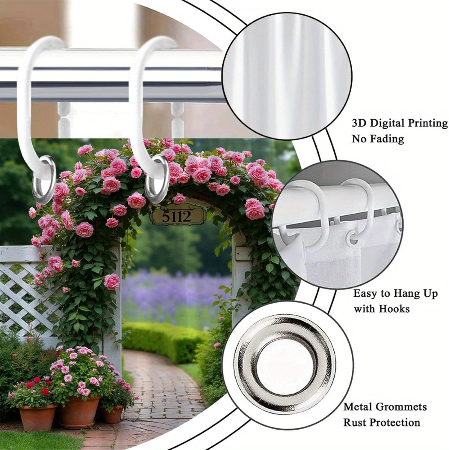 1pc Garden Entrance with Pink Roses Shower Curtain, Romantic and Tranquil Bathroom Decor Polyester Fabric Shower Curtain 30x79in-75x200cm/WxH