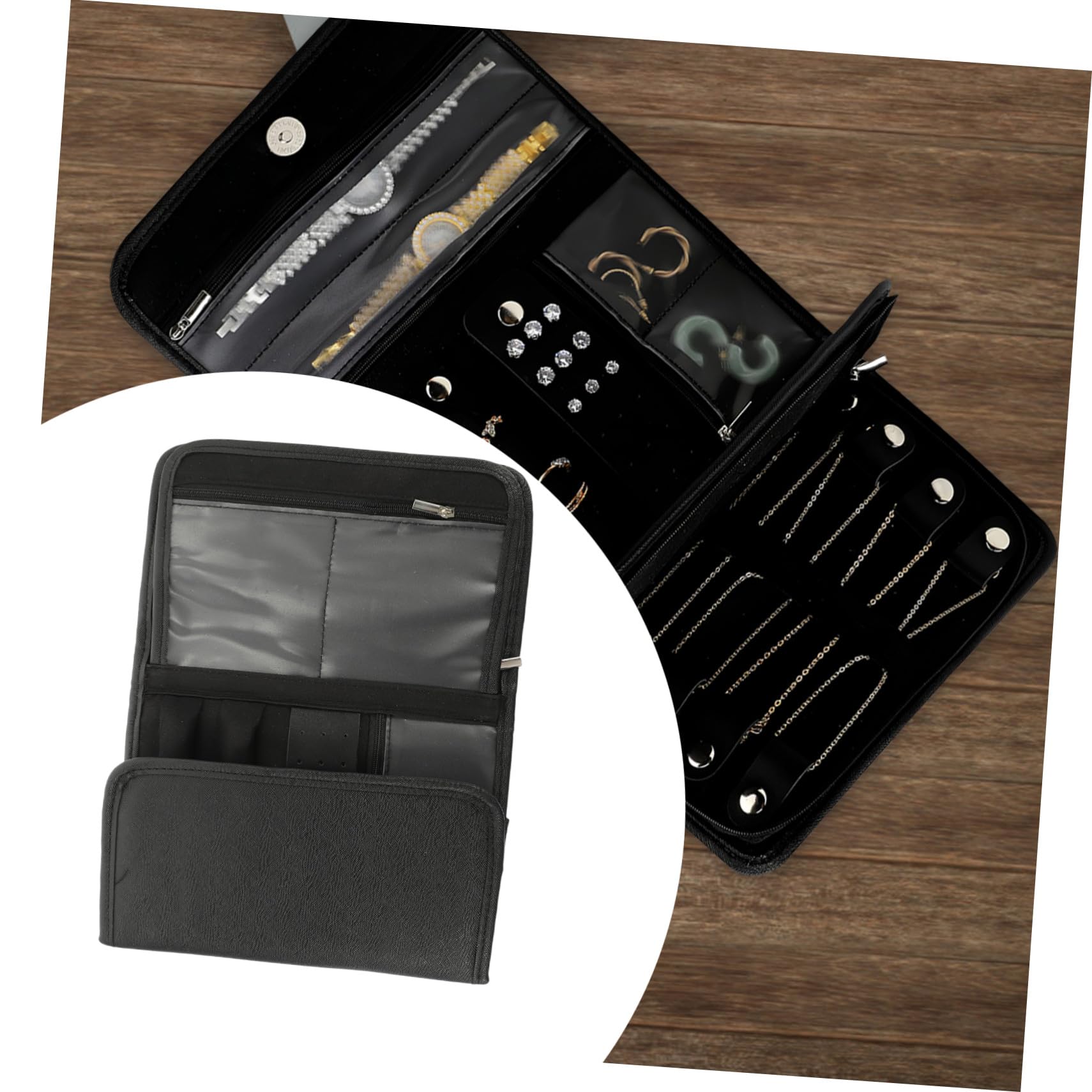 Faltbare Schmuckrolle Reise Organizer Schwarz aus Pu und Polyester