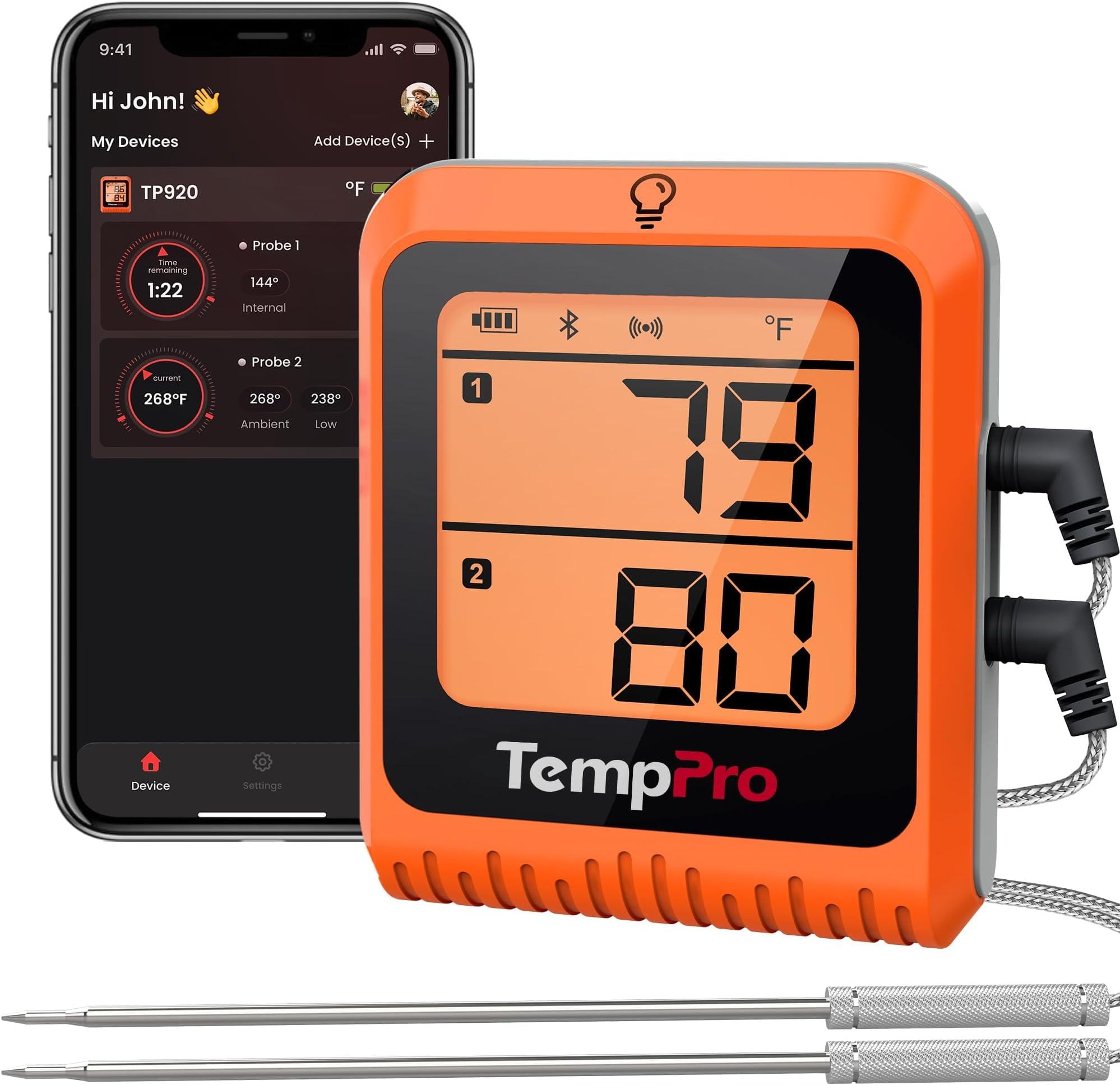 TempPro TempSync 650 ft Bluetooth Meat Thermometer with 2 Probes for Grill | Wireless Meat Thermometer Digital for Cooking Turkey, Rechargeable Smoker Accessories for BBQ Oven (Previously ThermoPro)