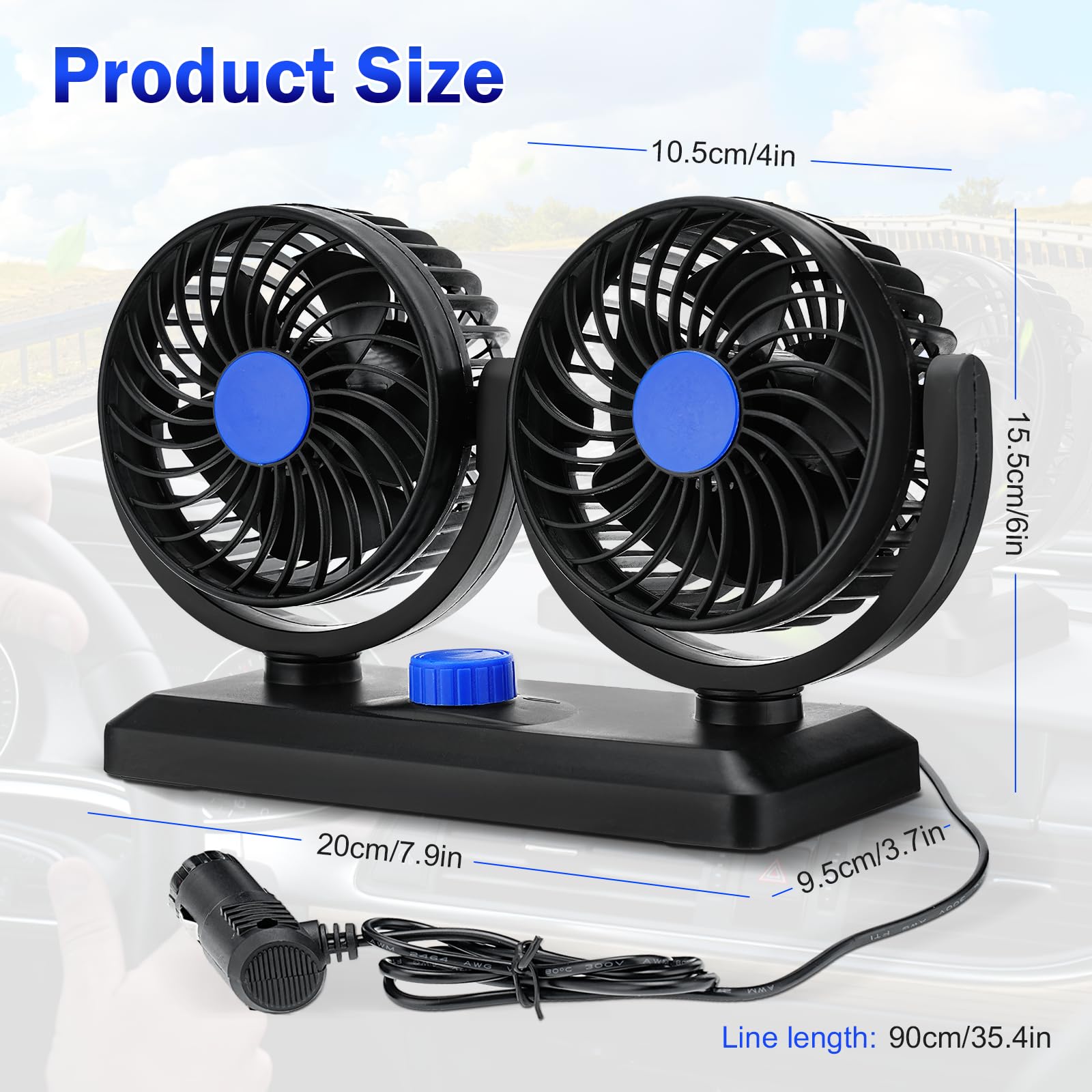 Ventola di raffreddamento portatile per auto, ventola a doppia testa per auto da 12V/24V con ventola di raffreddamento elettrica a 2 velocità regolabile a rotazione di 360° (12V blu)