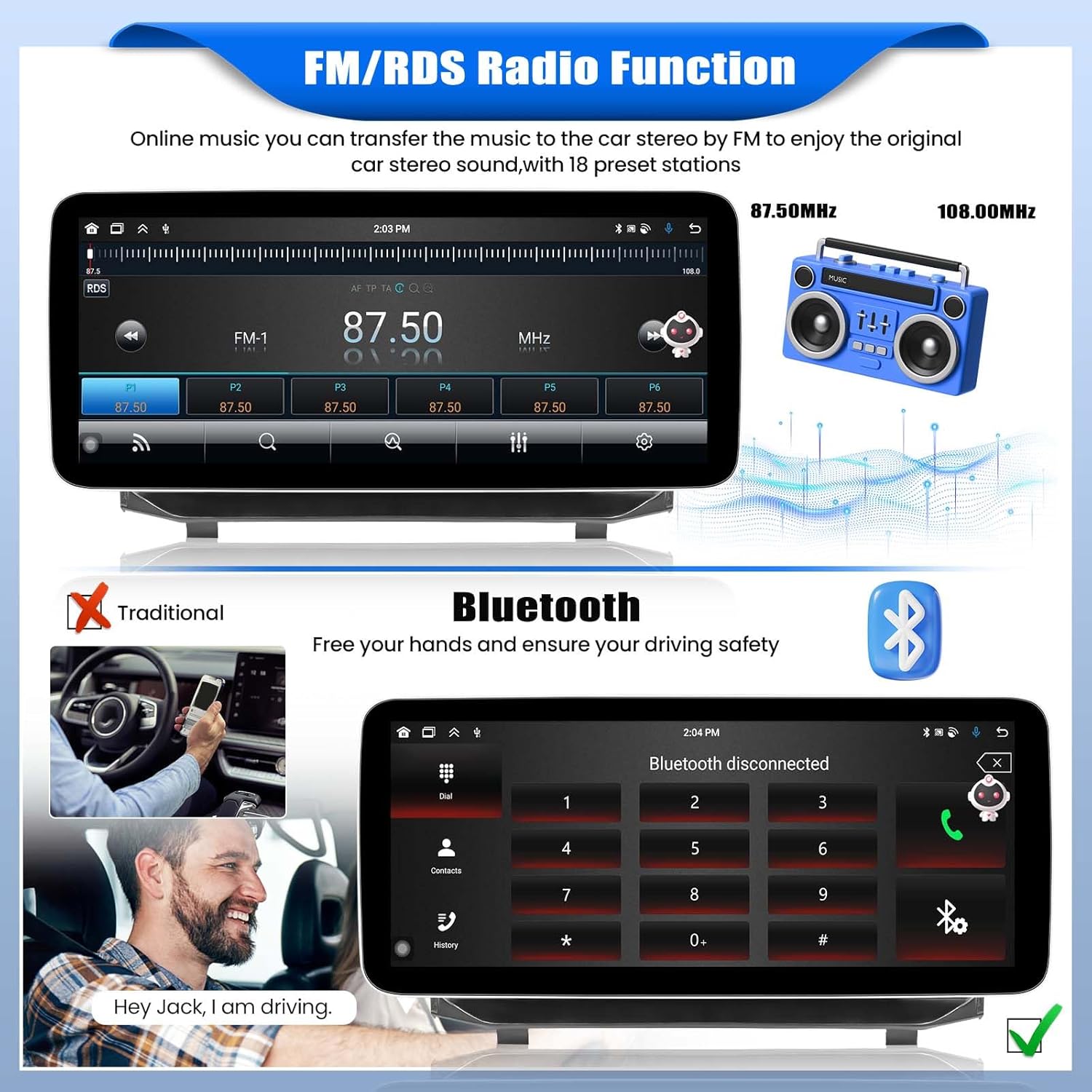 Screenshot of the FM/RDS radio interface with frequency display and preset stations