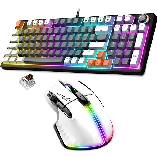 Spirit Of Gamer, RGB Wireless Gaming Keyboard Pack, AZERTY Mechanical Gamer Keyboard, 97 Brown Switch Keys, 100% Anti-ghosting, Wired Gamer Mouse for PC 12800 DPI