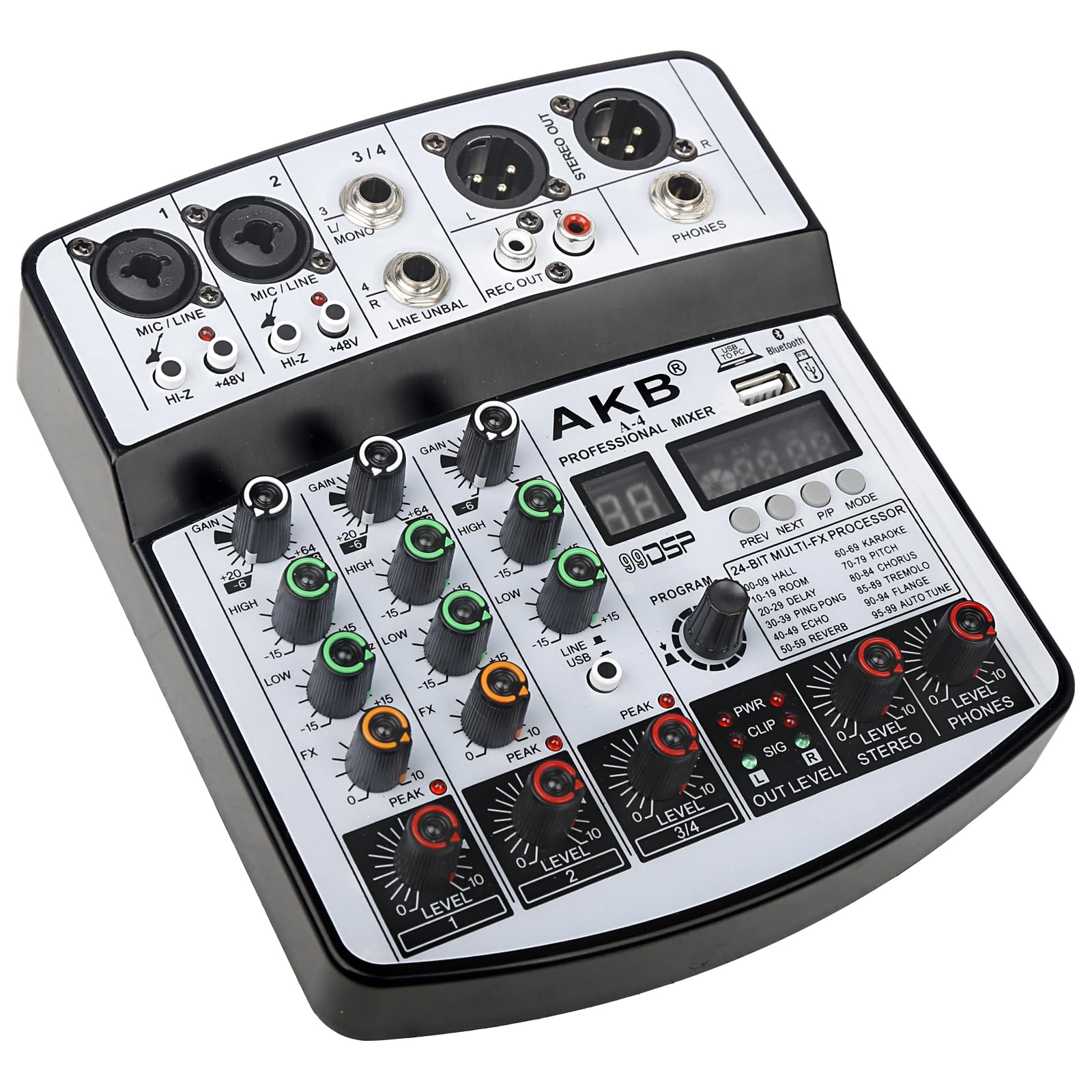 Mixer DJ a 4 canali audio mixer scheda audio con Bluetooth, interfaccia audio USB con 48 V Phantom Power Sounds Mixer Board con 99 DSP FX Riverbero Delay Effect