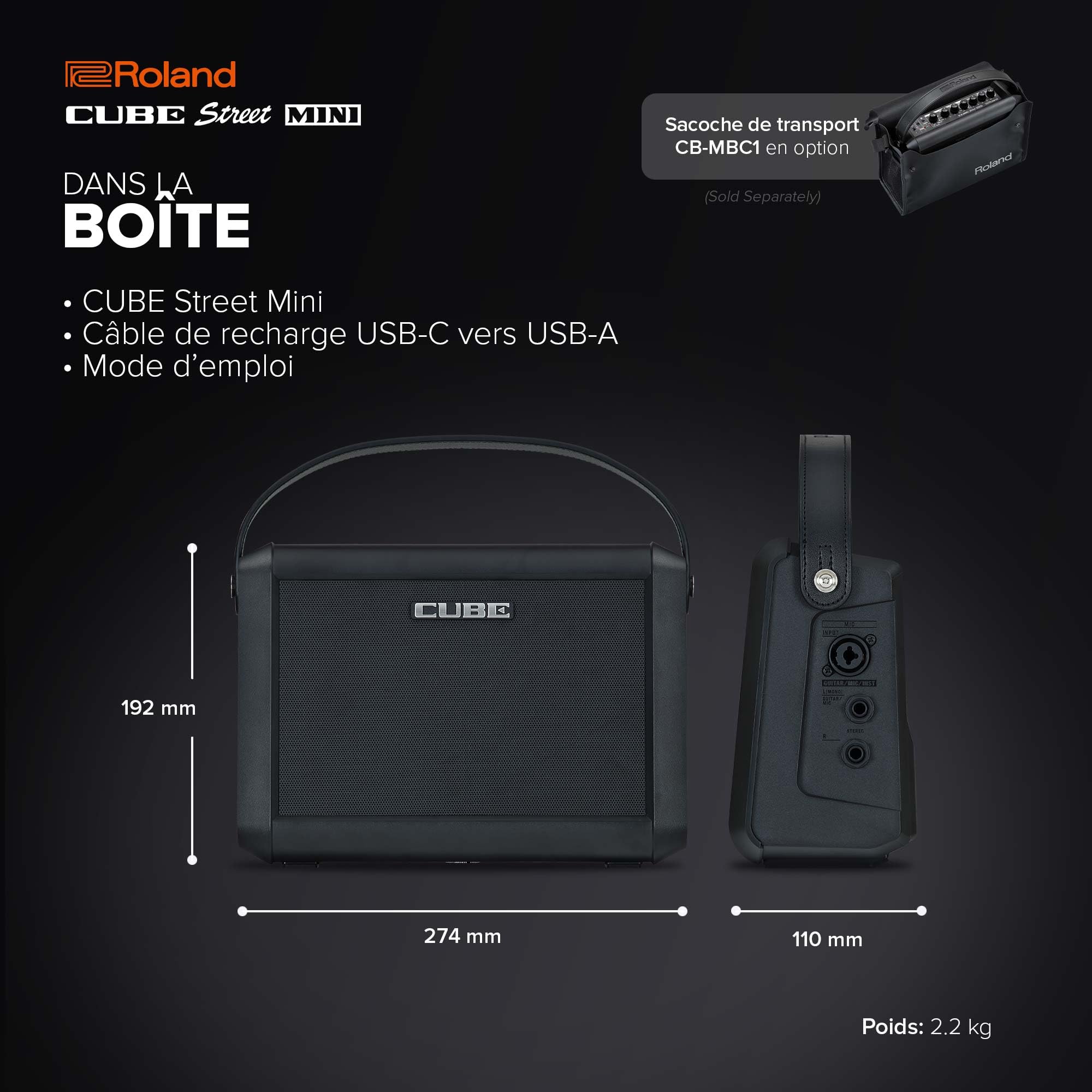 Roland Cube Street Mini | Ampli Ultra Compact | Son Exceptionnel | Idéal pour Les Petites scènes | Compatibles avec micros et Instruments | Jusqu'à 7 Heures d'autonomie sur Batterie | Effets intégrés