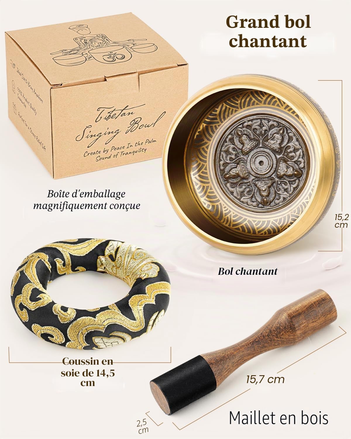 Hihealer Grand Bol Chantant Tibétain - Bol Sonore Fait Main au Népal pour Yoga, Guérison des Chakras, Soulagement du Stress, Cadeaux Bien-Être pour Femmes et Hommes (Vague de Bouddha, 14cm)
