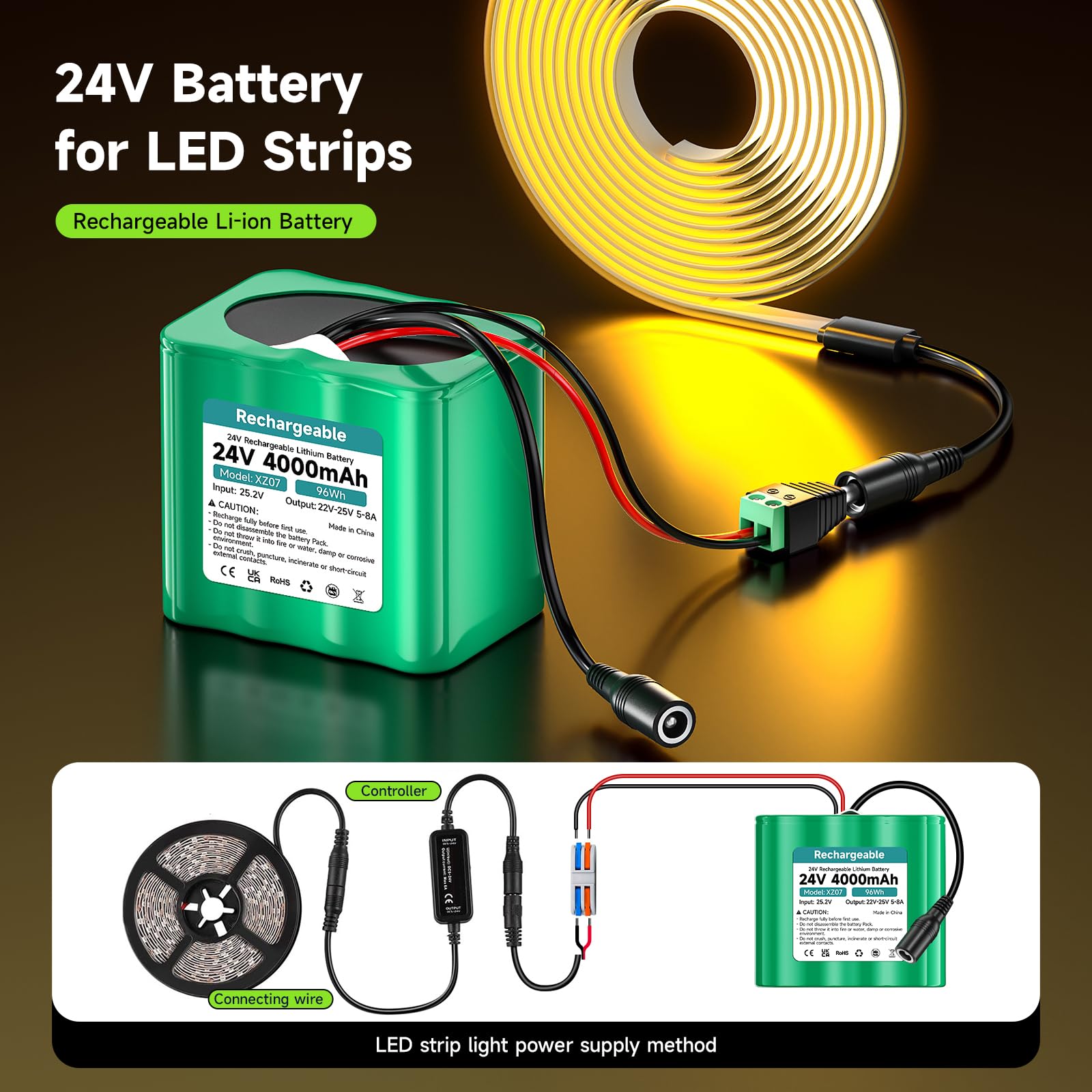 Batteria al litio ricaricabile da 24 V, 4000 mAh, uscita massima 120 W, con caricabatterie e adattatore per spina e linea di connessione, per dispositivi da 24 V, pannello solare/fai da te