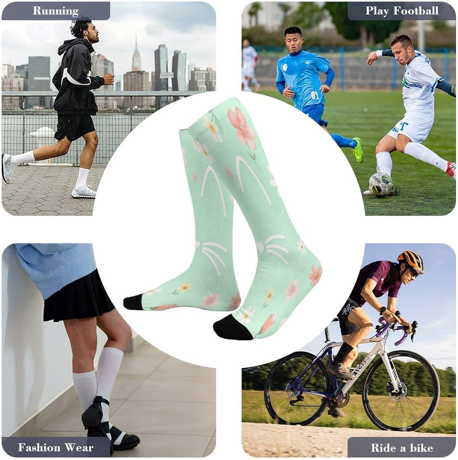 Floral Cat Face Crew Socks Calf Socks Athletic Crew Sock