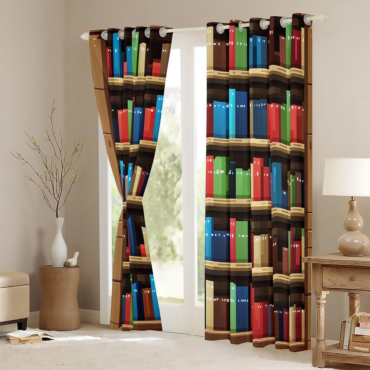 Manfei Pixel Vedio Game Blackout Curtains,Pixelated Bookshelf Bookcase Boys Girls Room Decor,Books Modern Building Games Window Curtains,Colorful 2 Panels,38Wx45L inch