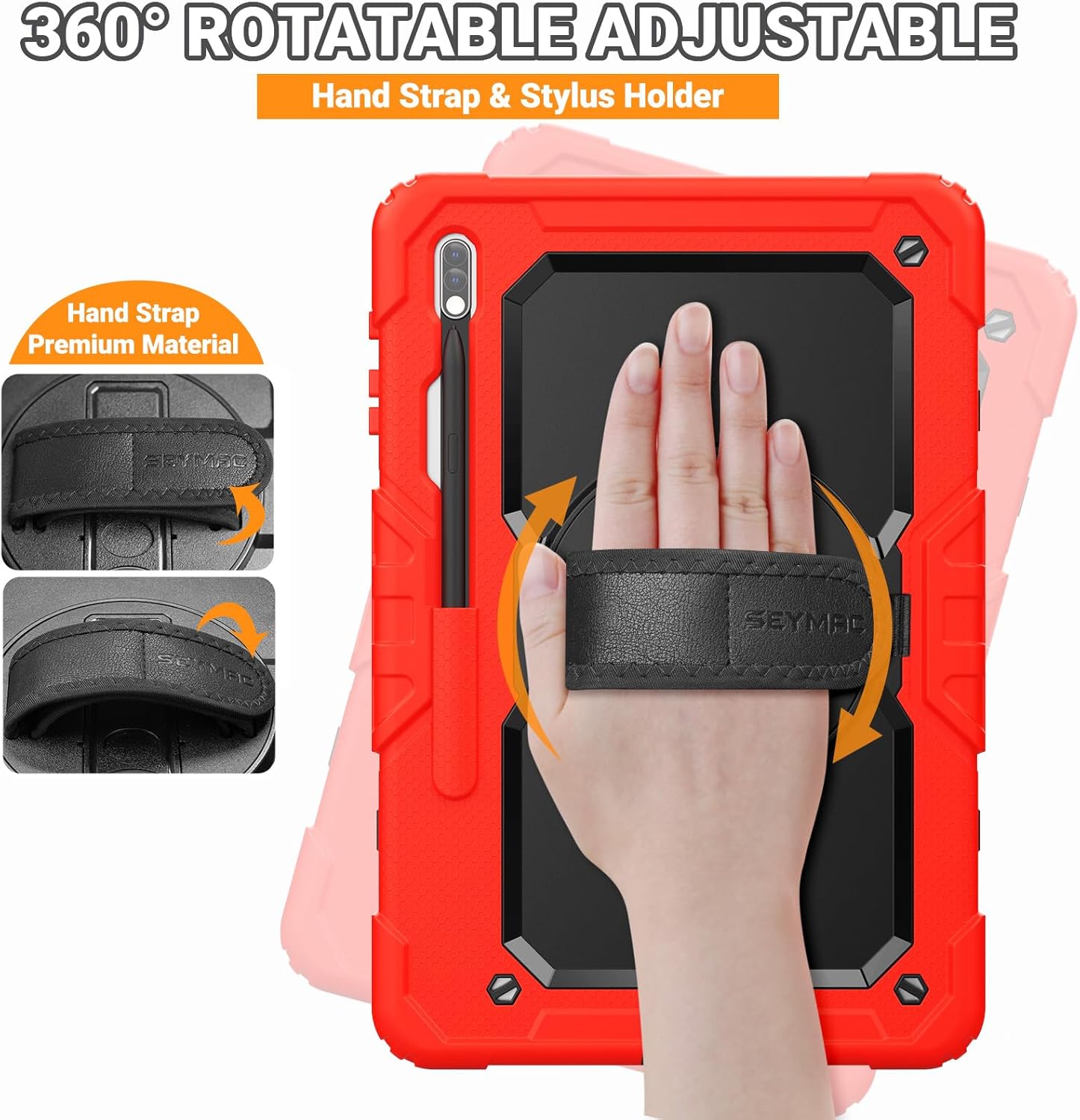 SEYMAC for Samsung Galaxy Tab S7 FE/Tab S8 Plus/ S7 Plus Case 12.4'', Heavy Duty Full-Body Shockproof Protective Case with Screen Protector, Rotating Stand, Hand/Shoulder Strap and Pen Holder, Red