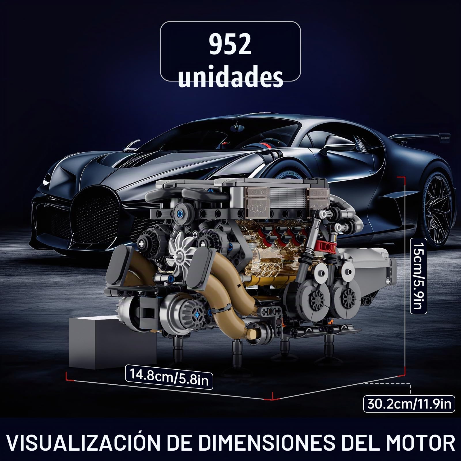 Mould King 10131 Tecnología W16 Kit De Motor Bloque De Construcción Bloque De Fijación del Modelo De Motor Adulto Kit De Motor De Cuatro Turbocompresores Motor Simulado (952 Piezas)