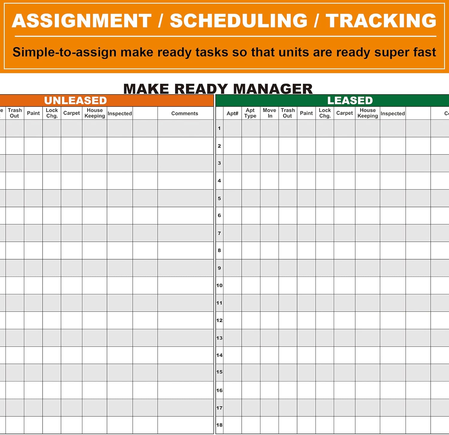 Large Make Ready Manager Board Property Management,24" X 36" Vacancy Leased & Unleased Dry Erase Board,Reusable Laminated Apartment Move in & Out Tracking Poster