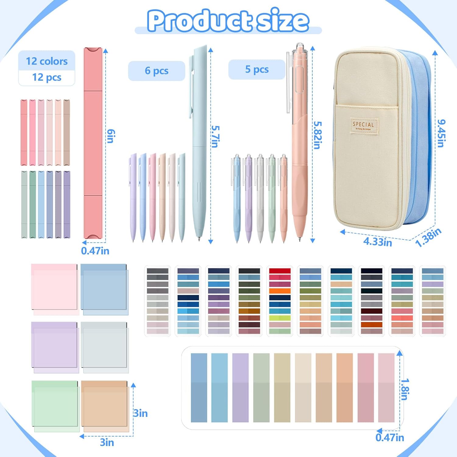 135 Pcs Book Annotation Kit Aesthetic Pencil Case Bag 12 Highlighter 11 Gel Pen 1 Marker 300 Sheet Transparent Sticky Notes Pad 2640 Index Stickers Bible Study Supplies(Classic,Light Blue)
