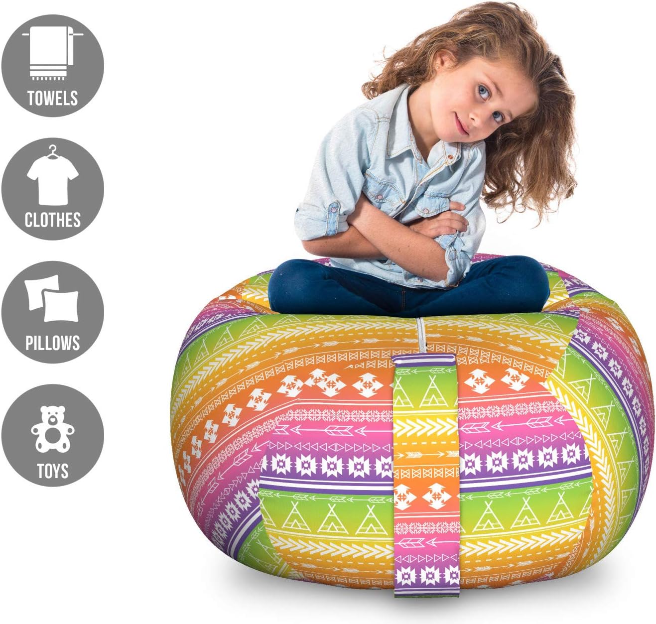 Ambesonne Ethnic Storage Toy Bag Chair, Motifs Pattern with Tents Angled Lines on Ombre Background, Stuffed Animal Organizer Washable Bag, Large Size, Multicolor