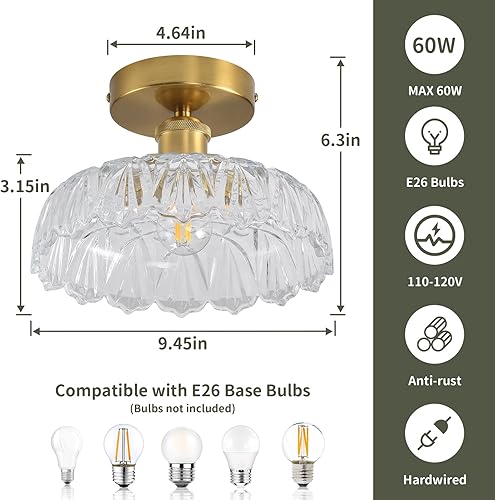 Miniatura 3 de Lámpara de techo semiempotrada de mediados de siglo, moderna pantalla de vidrio translúcido floral, accesorios de iluminación cerca del techo para