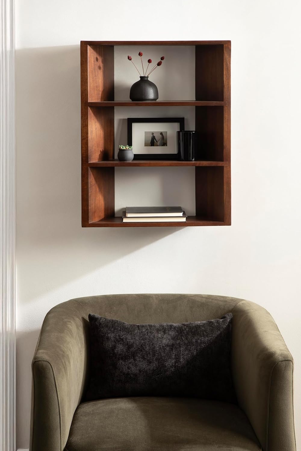Kate and Laurel Akita Modern Angled Three-Tier Wall Shelf, 20 x 6 x 26, Walnut Brown, Decorative Over The Toilet Shelf for Use as Bathroom Storage or Living Room Display Shelving