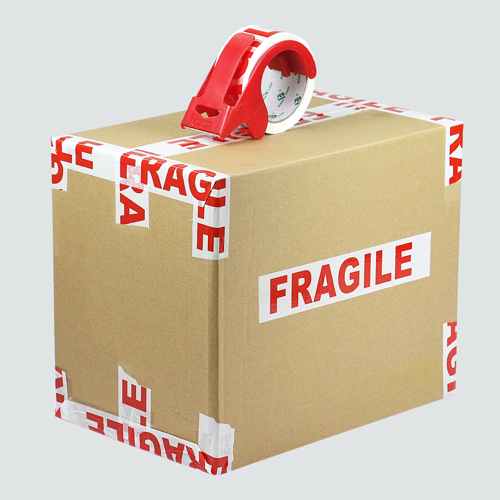 BOMEI PACK Nastro adesivo da imballaggio stampato fragile, nastro adesivo da imballaggio con dispenser per pacchi 48 mm x 66 m, 18 rotoli