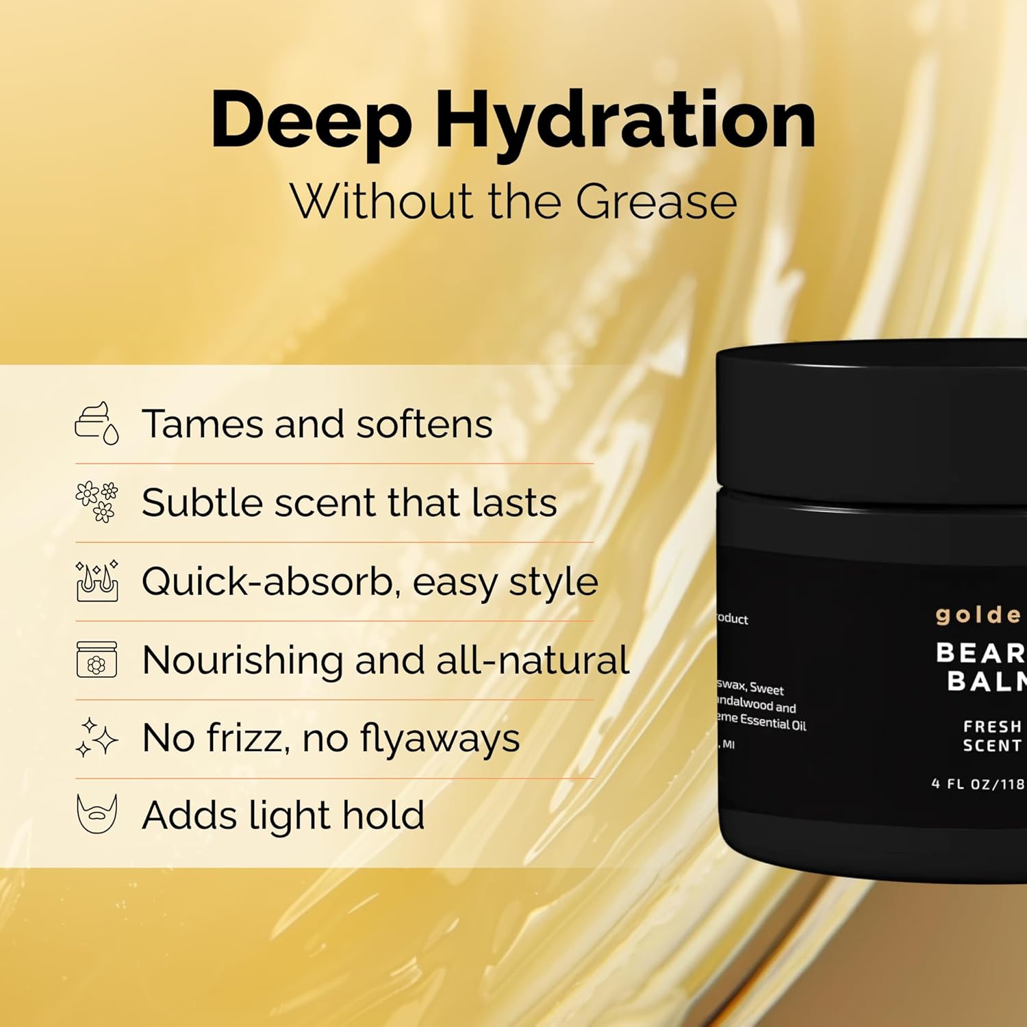 Golden Grooming Beard Balm | Unique Masculine Scent | Shea Butter for Beard Growth | Tames, Moisturizes & Styles – Fresh Scent, 4oz