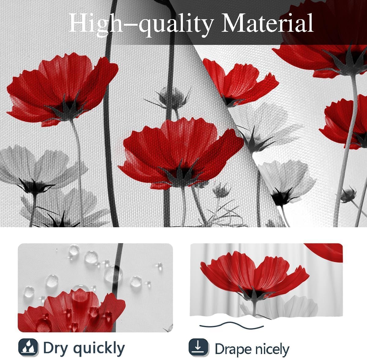 Coxila Red Floral Shower Curtain Extra Long Grey Black White Rose Poppy Petals Flowers Elegance Art for Bathroom 72 x 84 Inch Polyester Fabric 12 Pack Hooks