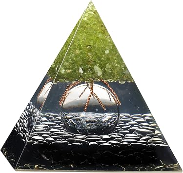 Handmade Peridot Tree Pyramid with Glass Ball Positive Energy Generator for Chakra Balancing, Tumbled Black Obsidian Stone Chips Orgone Pyramid for Home Office Decor