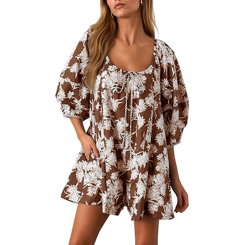 Cicy Bell Womens Summer Floral Romper Loose Scoop Neck Lantern Sleeve Short Jumpsuits Front Tie Beach Outfits