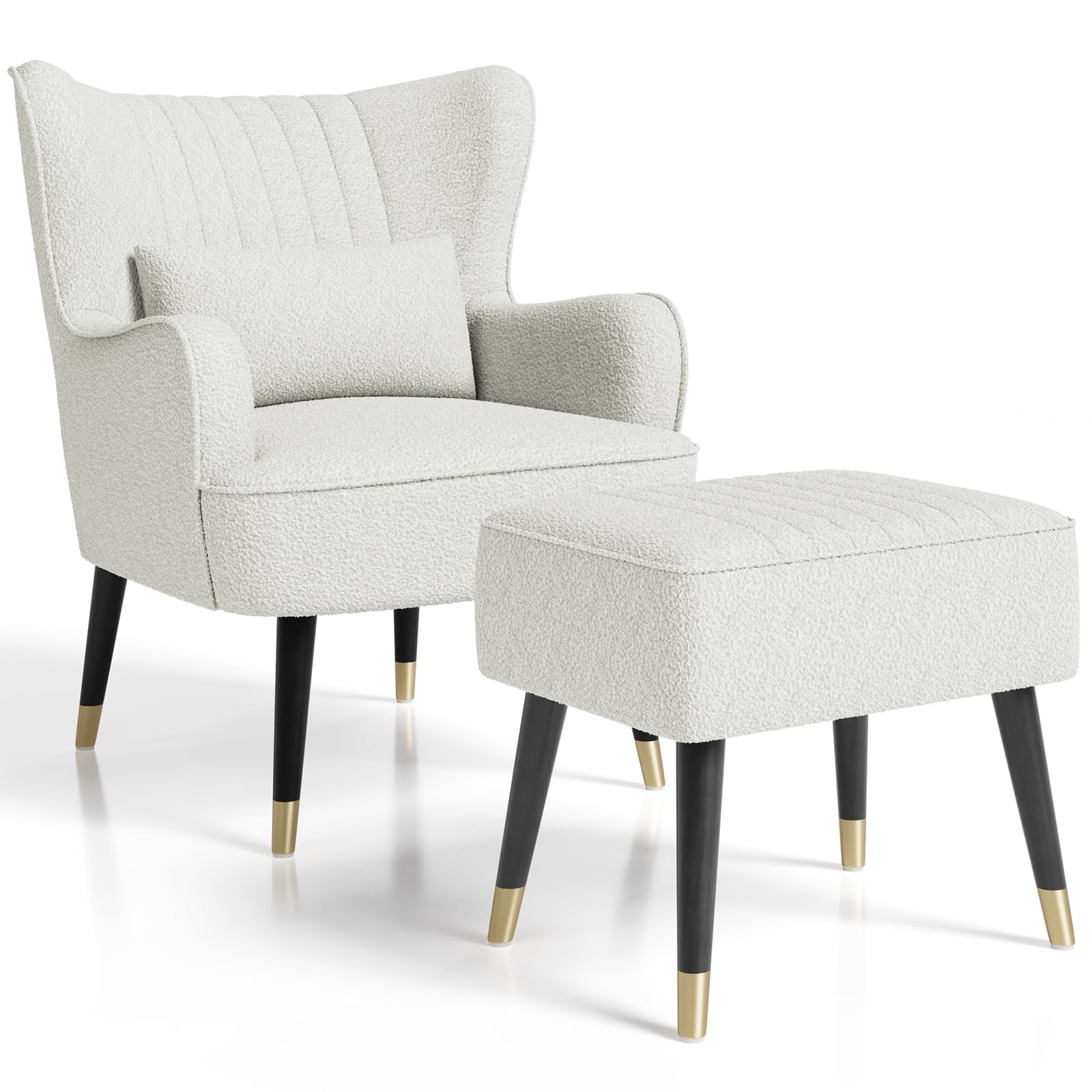 Vesgantti Teddy Fleece Armchair with Footstool and Lumbar Pillow, Modern Wing Back Accent Chair with Ottoman, Large Cuddle Chair for Living Room Bedroom Study Room Office(White)