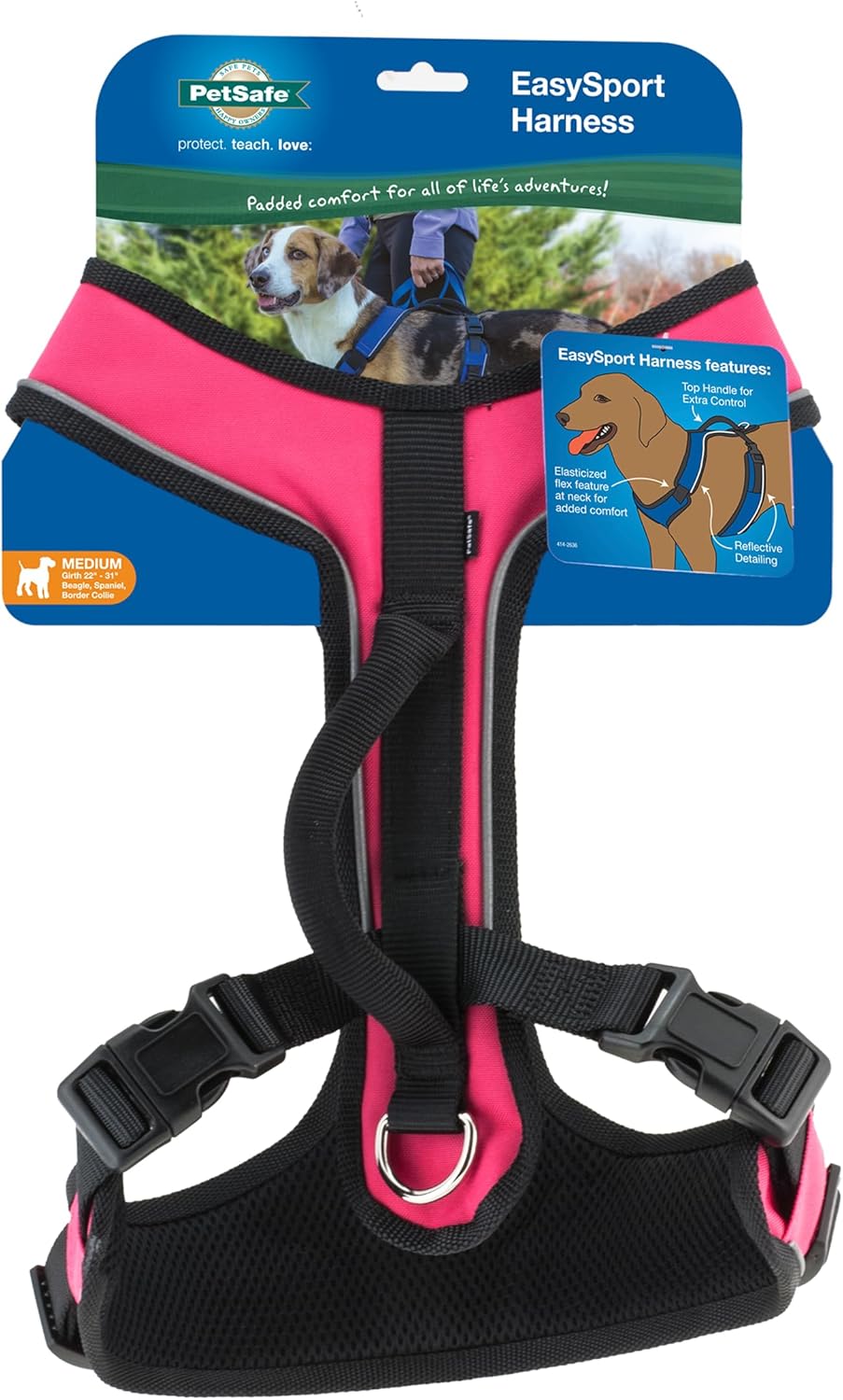 PetSafe EasySport Harness – Durable Padded Fabric, Adjustable Elastic Neckline, Rear-Leash Attachment & Nighttime Reflective Visibility – No Choke or Gag Secure Fit – Medium – Pink