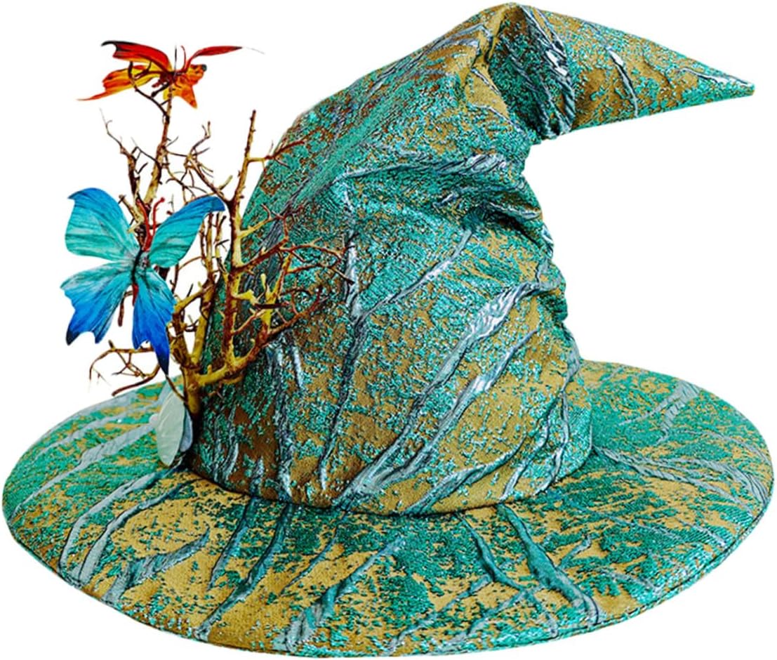 Operitacx Halloween Witch Hat with Butterfly Accent, Emerald Sorcerer Cap for Women Adults, Halloween Party Cosplay Costume Accessory, Witch Headpiece for Masquerade and Daily Use