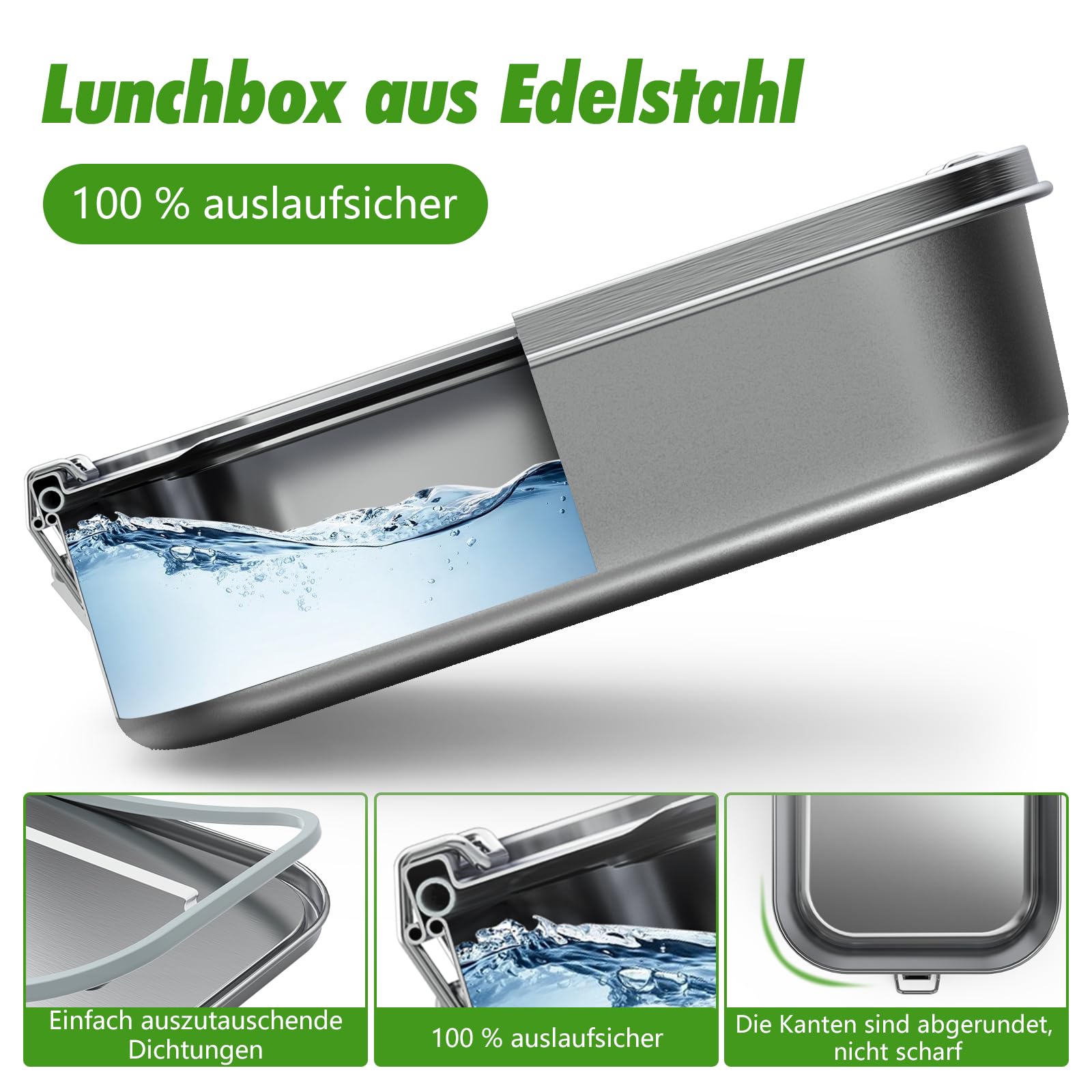 Brotdose Edelstahl mit Fächern, Lunchbox Auslaufsicher 1200ml, Brotzeitdose mit Trennwänd, Brotdosen Metall für Erwachsene & Kinder - 3