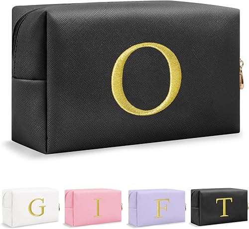 Miniatura 48 de Bolsa de Maquillaje con Inicial de Regalo Personalizado, Bolsa de Cosméticos Preppy con Letra Bordada Dorada, Rellenos de Calcetín para Chicas Blanco