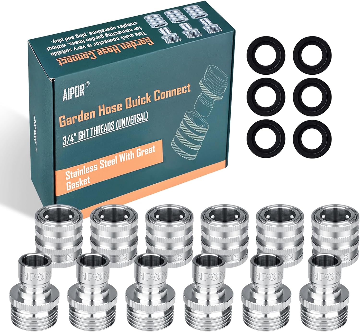 6 Pack Quick Connect Hose Fittings, Stainless Steel Garden Hose Quick Connector, Universal Fit 3/4 Inch GHT Water Hose Connectors, Quick Disconnect Adapter No-Leak